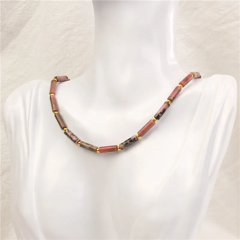 Natural Tube Stone Necklaces Gold Color Spacer Bead Necklace Turquois Imperial Stone Flat Bead Necklace Choker For Women Men