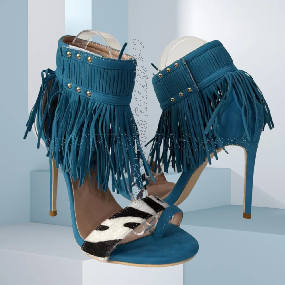 

Blue Tassel Decorated Split Toe Women's Sandals Fashion Thin High Heels Ankle Strap Slip-On Shoes 2025 Zapatos Para Mujere