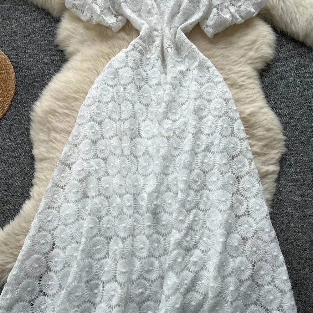 Sexy chic Hook flower hollow puff sleeve A-line dress Vintage Women Casual High Street summer women clothing