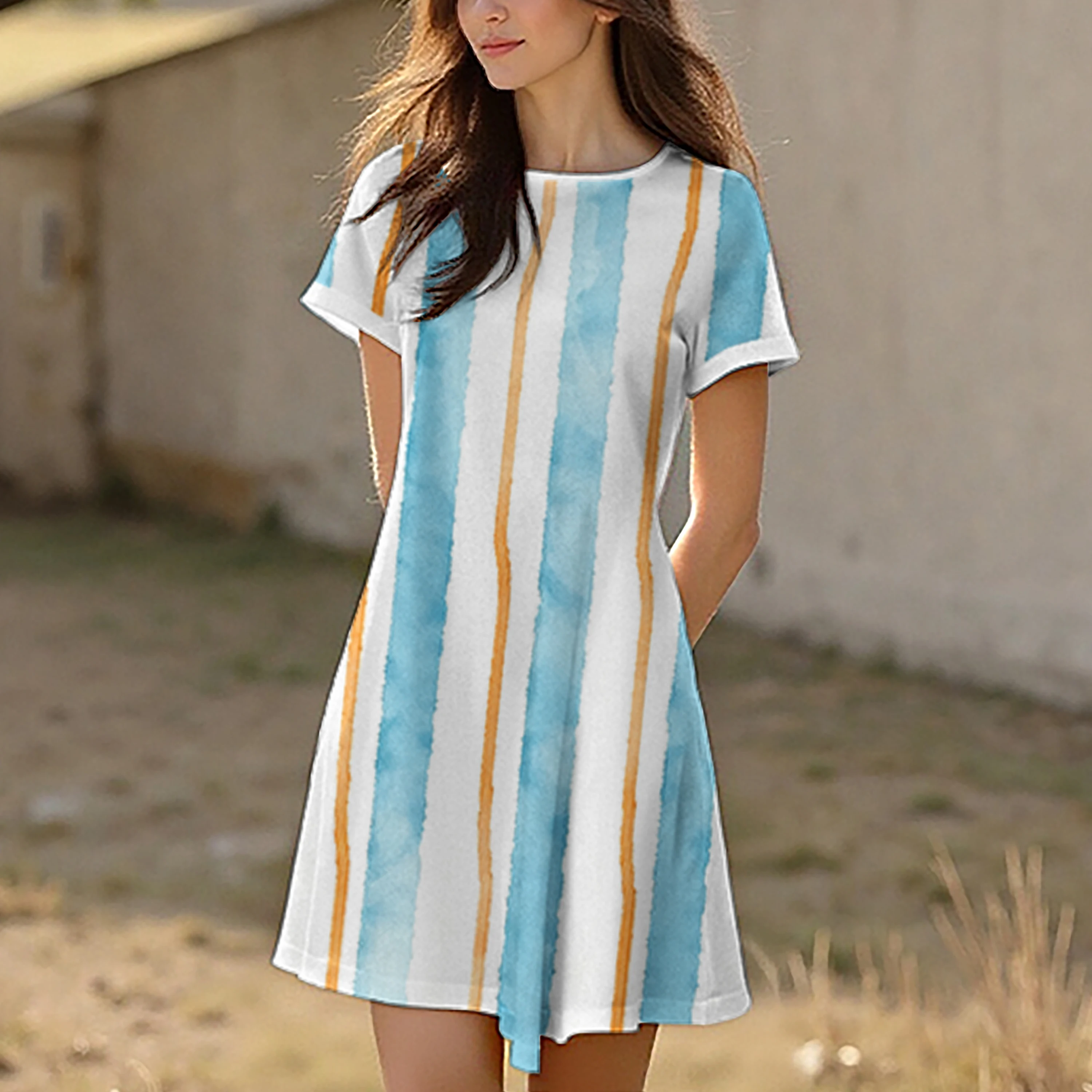 Vestido feminino de verão com gola redonda e padrão listrado de bolinhas, casual, confortável, elegante e respirável