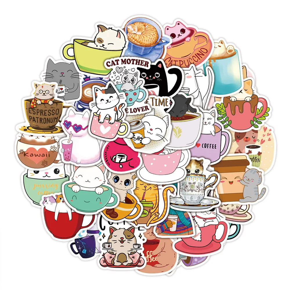 

10/30/50pcs Kawaii Coffee Cat Cartoon Stickers Cute Creative Graffiti Sticker Notebook Suitcase Phone Animal Kitten Decals Decor