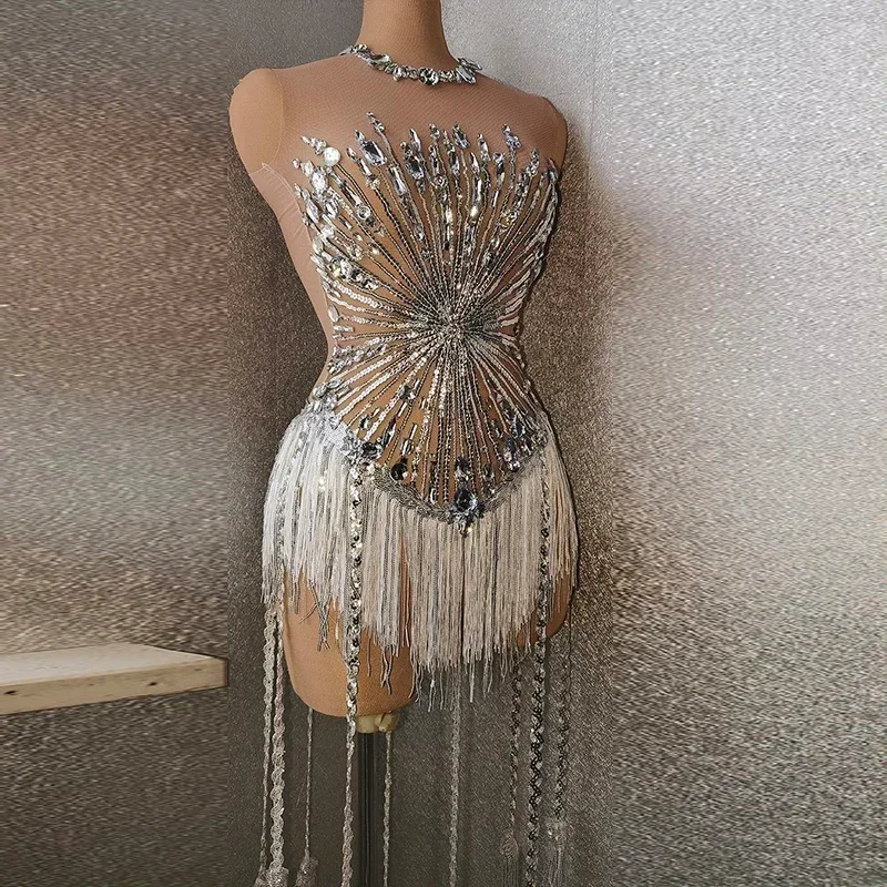 Singer Stage Costume Drag Queen Show Fringe Jumpsuit Gogo Dancer Outfit Female Sexy Tassel Silver Sequins Bodysuit