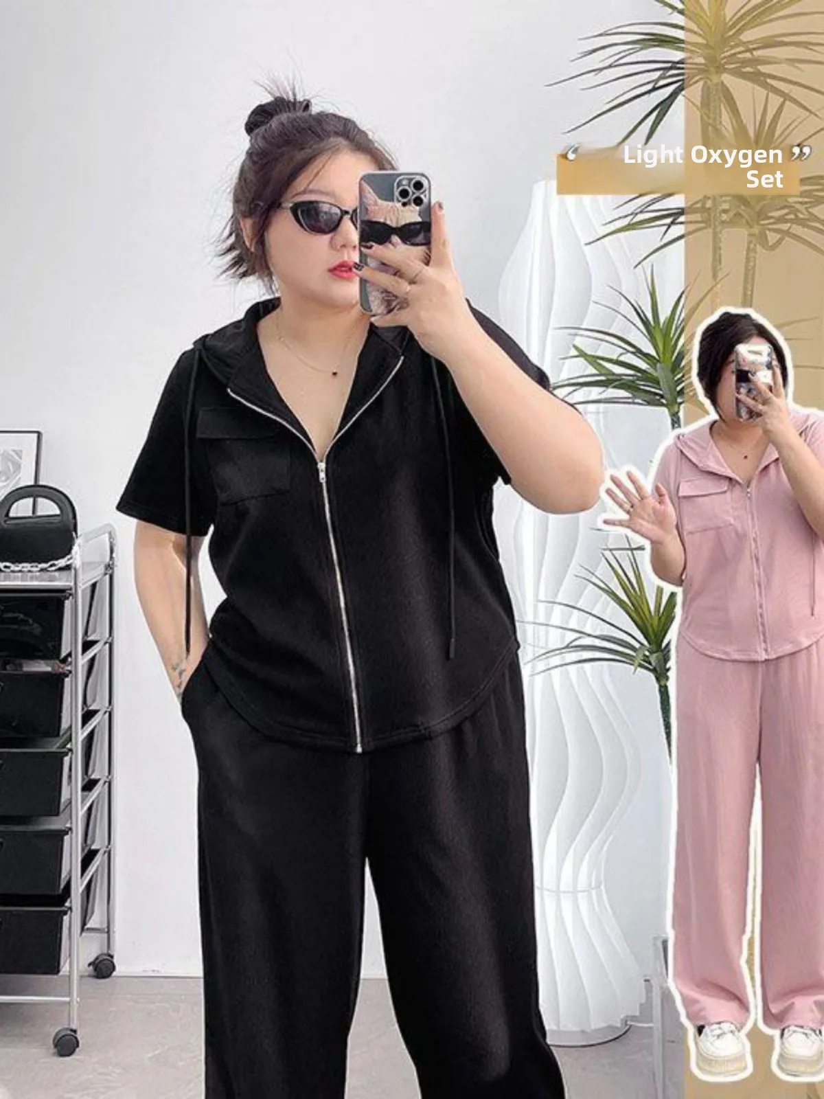 

plus Size Fashionable Casual Hooded Zipper Top And Wide Leg Pants Set for Women 300 Pounds Adjustable Fit Summer Outfit