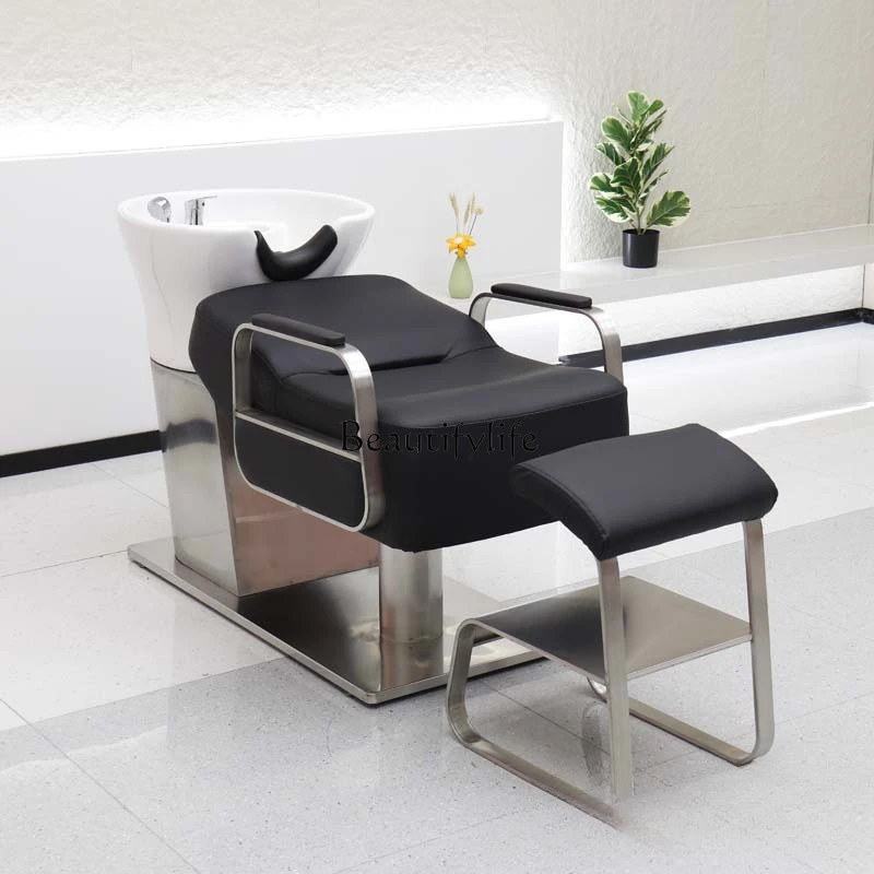 

New Barber Shop Lying Half Flushing Bed Stainless Steel Ceramic Deep Basin Hairdressing Shampoo Chair