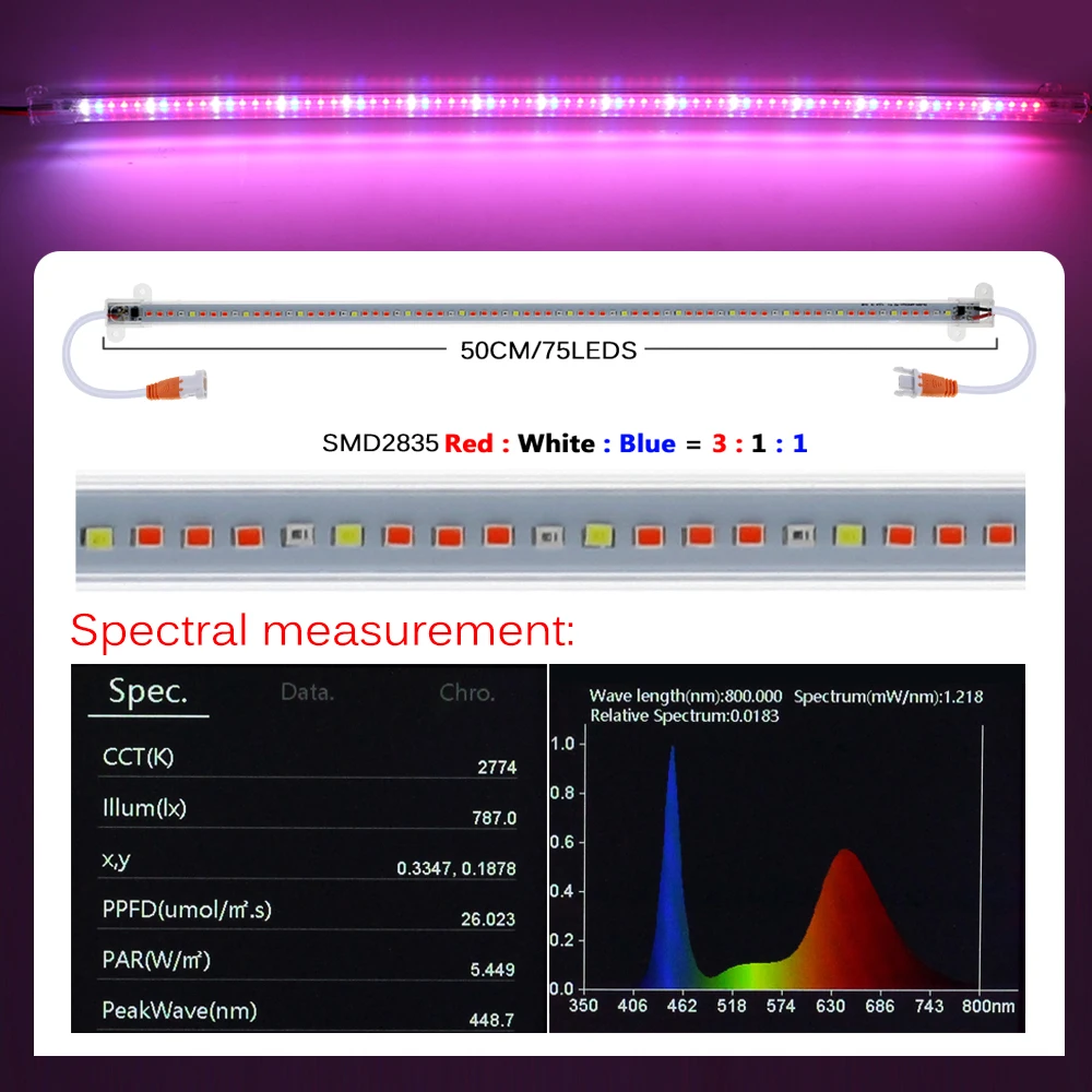 220V Full Spectrum LED Grow Light 75LEDs 50cm LED Grow Tube For indoor Flower Rack Plants Growing Lamp