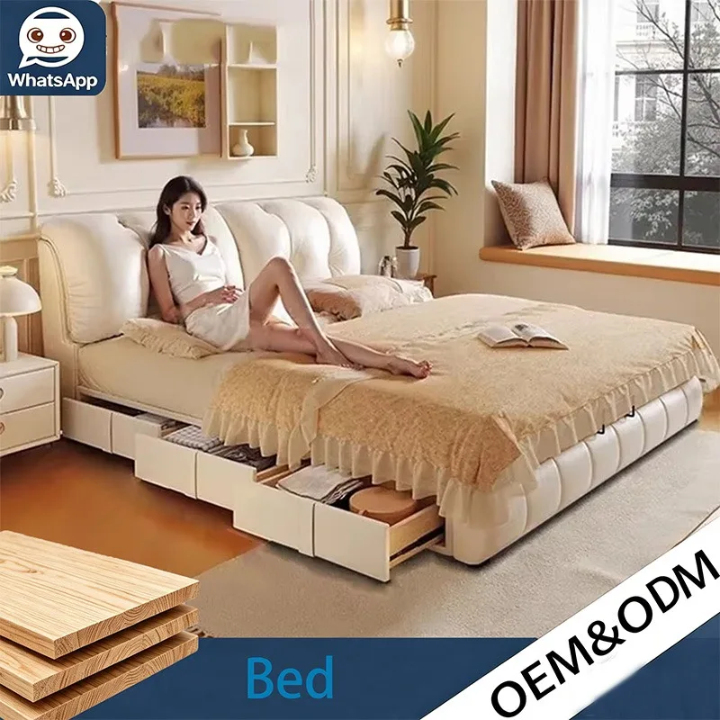 Modern Italian King Size Double Bed, Large Headboard High Bed Frame Built-In Storage Organizer for Household Use