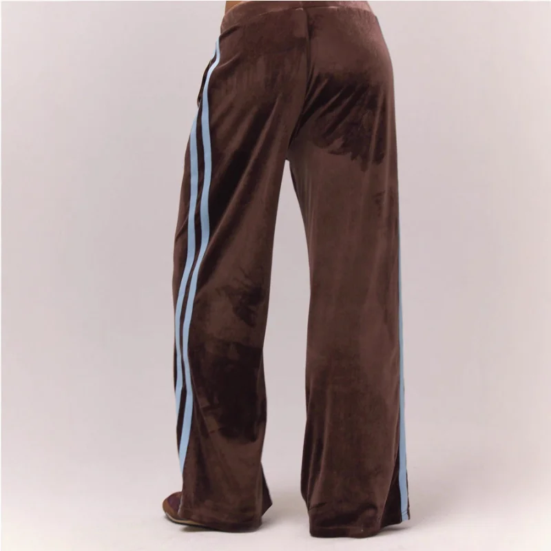 Women's Brown Velvet Wide Leg Pants Side Striped Drawstring Waist Casual Trousers