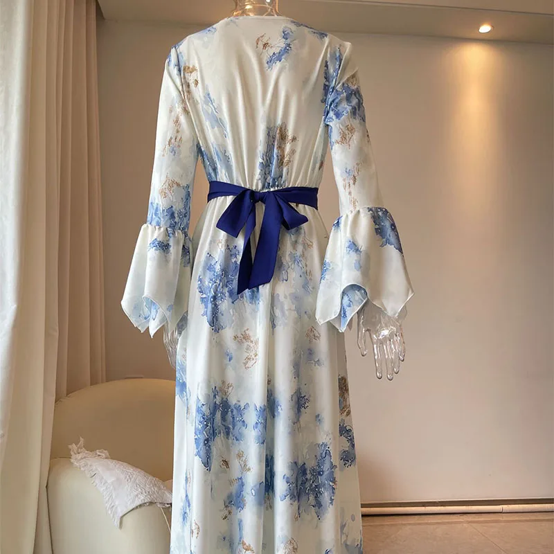 Dames lente zomer bloemenprint Boho lange jurk vlindermouwen hoge taille gala zonnejurk sexy V-hals vakantie maxi-jurken