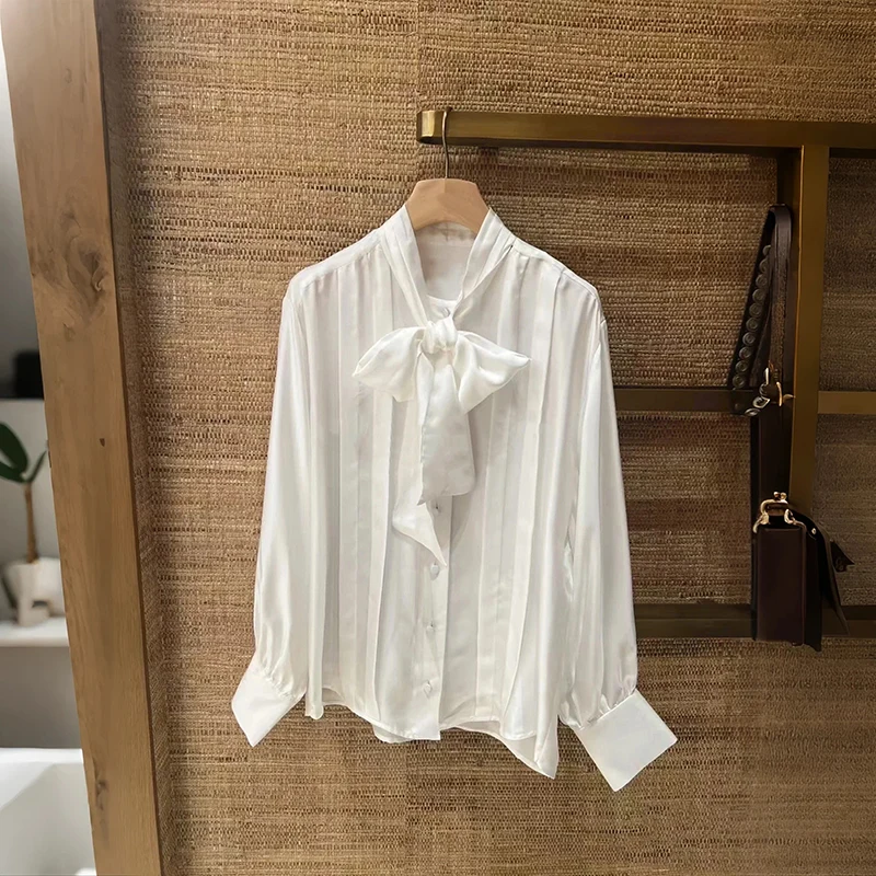 

Early Autumn New Sle Silk Feel White Sa Scarf Collar Button Ladies irt Dra Ele Women's Faion 2025