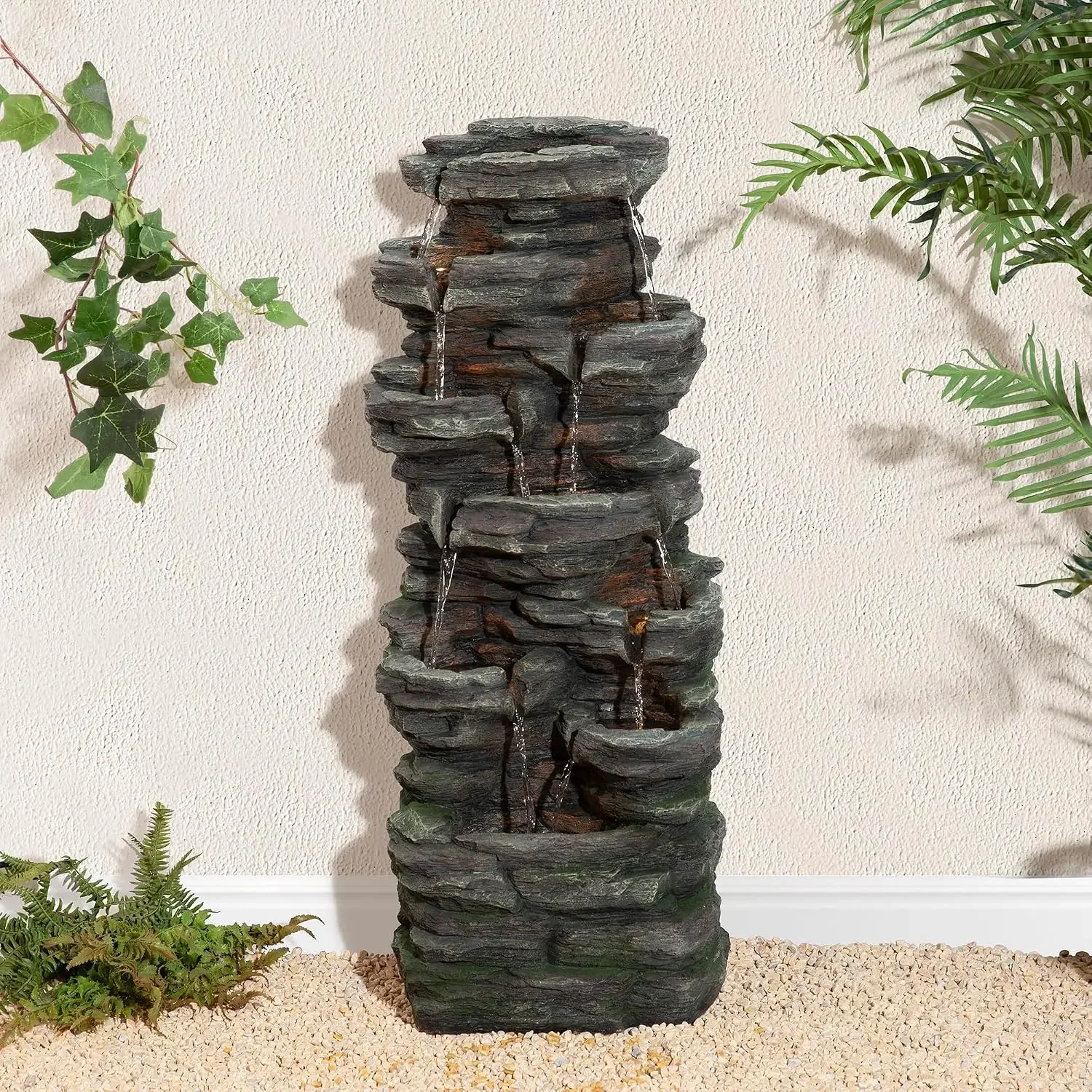 Outdoor Water Fountain, 9-Tiered Rock Floor Fountain with Cascading Water, 39.25