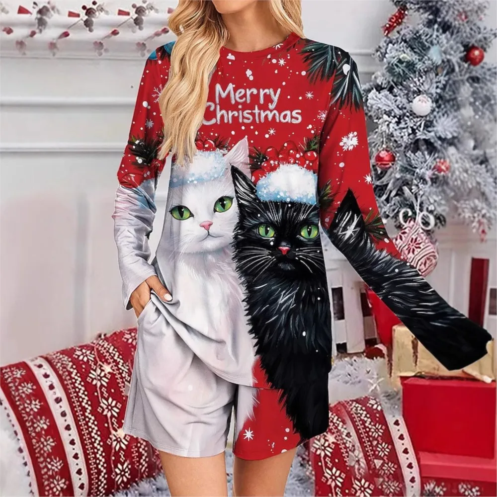 New Christmas 2 Piece Set Women Autumn Winter Long Sleeve Loose Top Shorts Cat Print Women's Suit Casual Comfort Homewear Sets