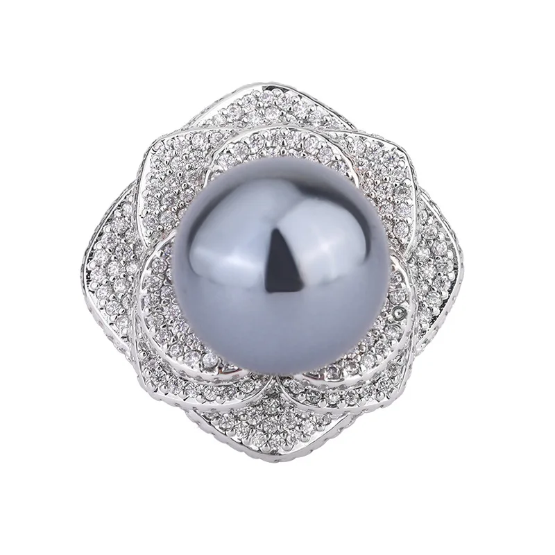 مجوهرات نحاس مطلية بالذهب الأبيض مرصعة باللؤلؤ الأم أوبي - خاتم نسائي مرصع بالألماس على شكل زهرة 14 ملم #5