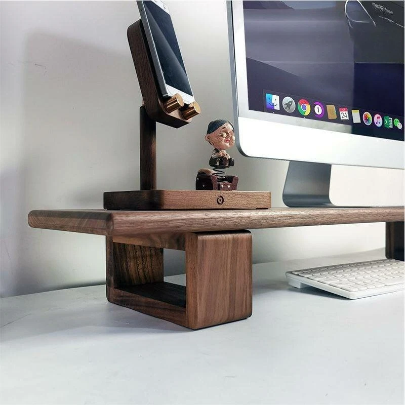 Solid Black Walnut Wood Monitor Riser, Desktop Shelf Stand for Computer, Home Office Desk Storage Rack Organizer