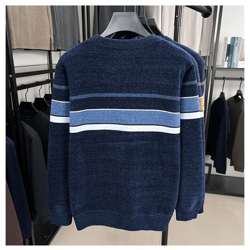Men Crew Neck Striped Sweater Winter Warm Knitwear Middle Aged Basic Pullover Top