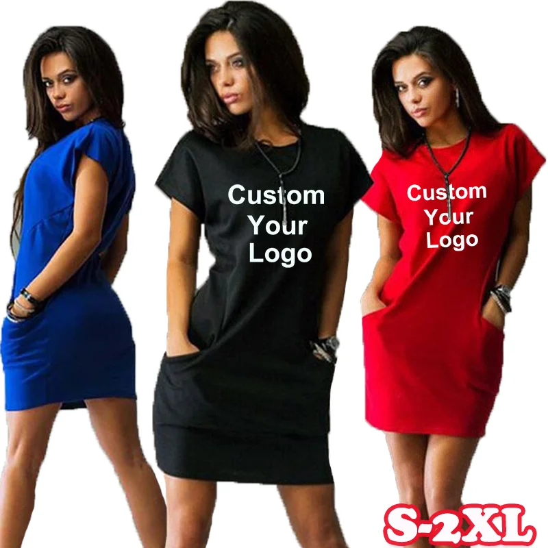 

High Quality Fashion Summer Custom Your Logo Round Neck Ladies Print Slim Short Sleeve Dress Cotton Casual Dress