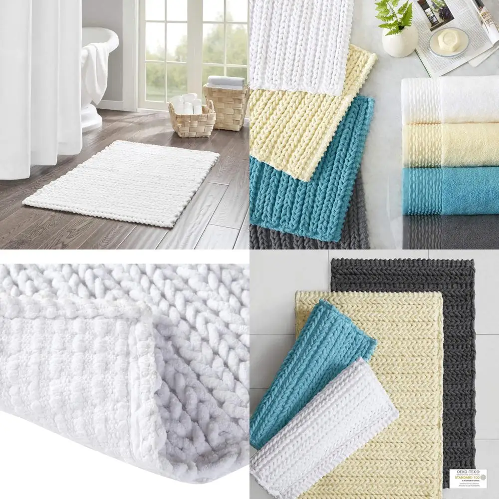 

100% Cotton Chenille Woven Chain Stitch Non-Slip Bath Rug - Absorbent, Quick-Dry, 24x40, White