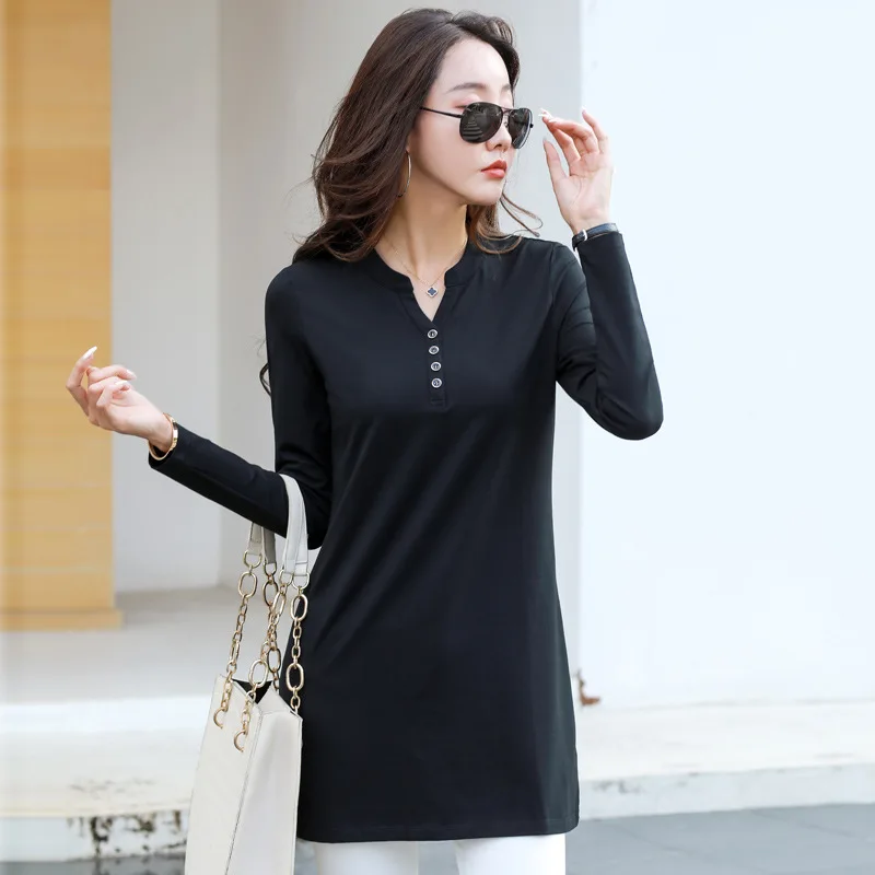 New Spring T Shirt Women Long Sleeve Fashion Pullovers V-Neck Button T-shirt Long Tunic Shirt Autumn Basic Tops Tees Short Dress