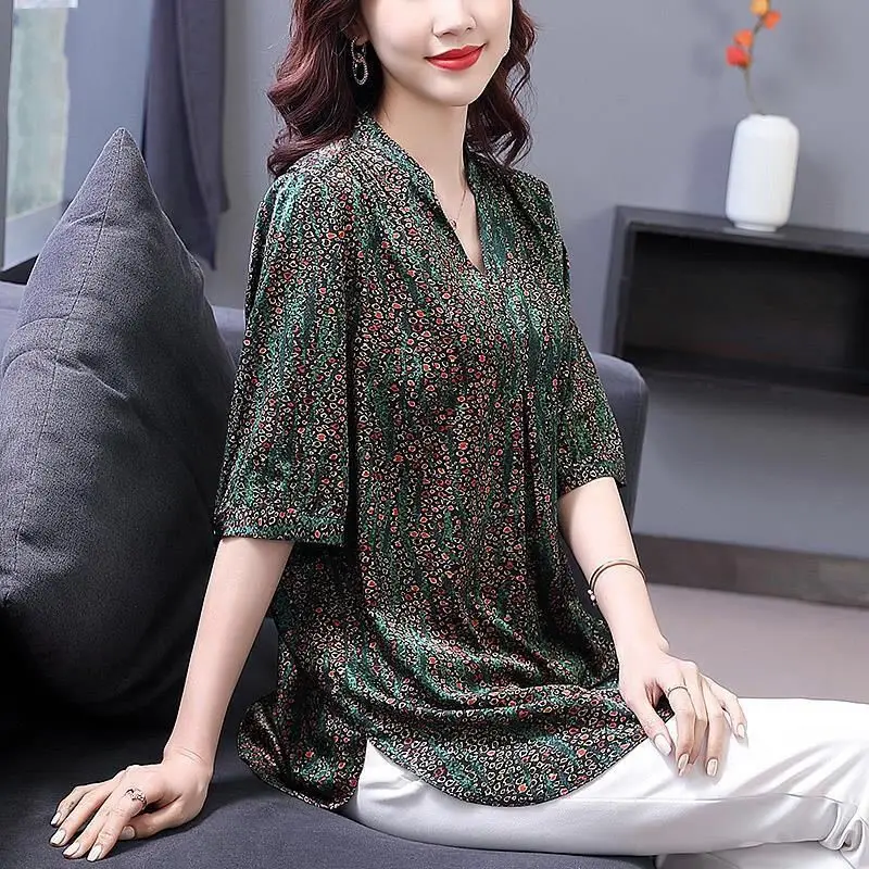 Fashion Women Spring Summer Chiffon Blouses Women Csual Half Sleeve Oversize 6XL Print Loose Mother Shirt Elegant Pullover Tops