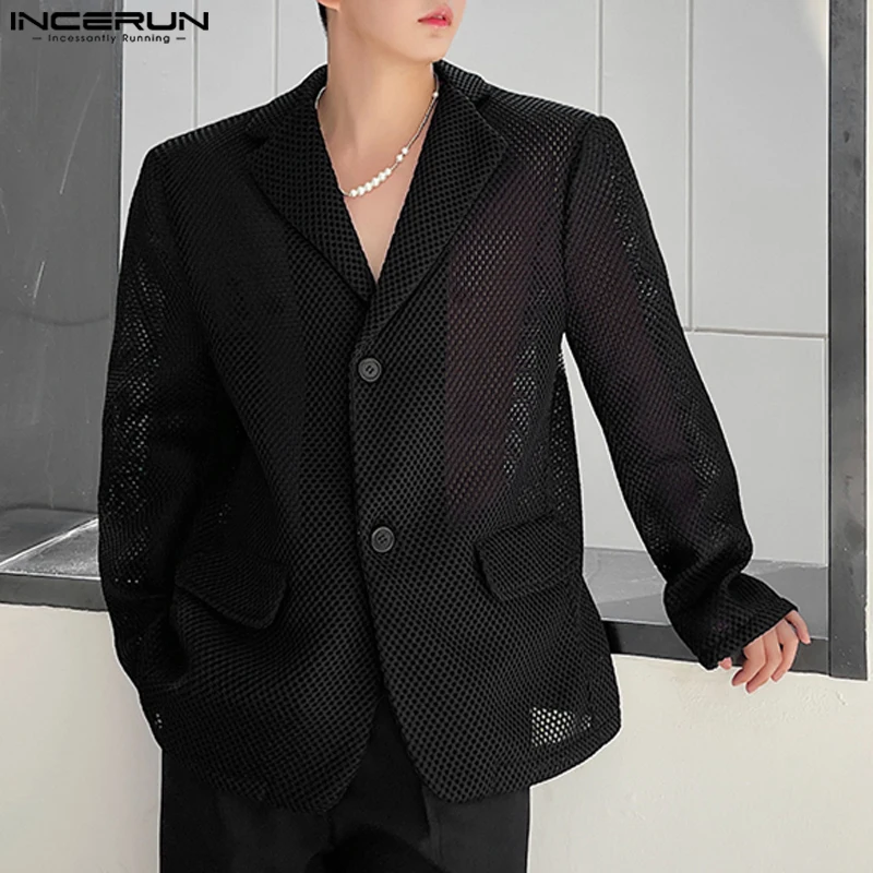 Fashion Well Fitting Tops INCERUN New Men\'s Sexy Hollow Shoulder Pad Suit Coats Casual Streetwear Male Solid Long Sleeved Blazer