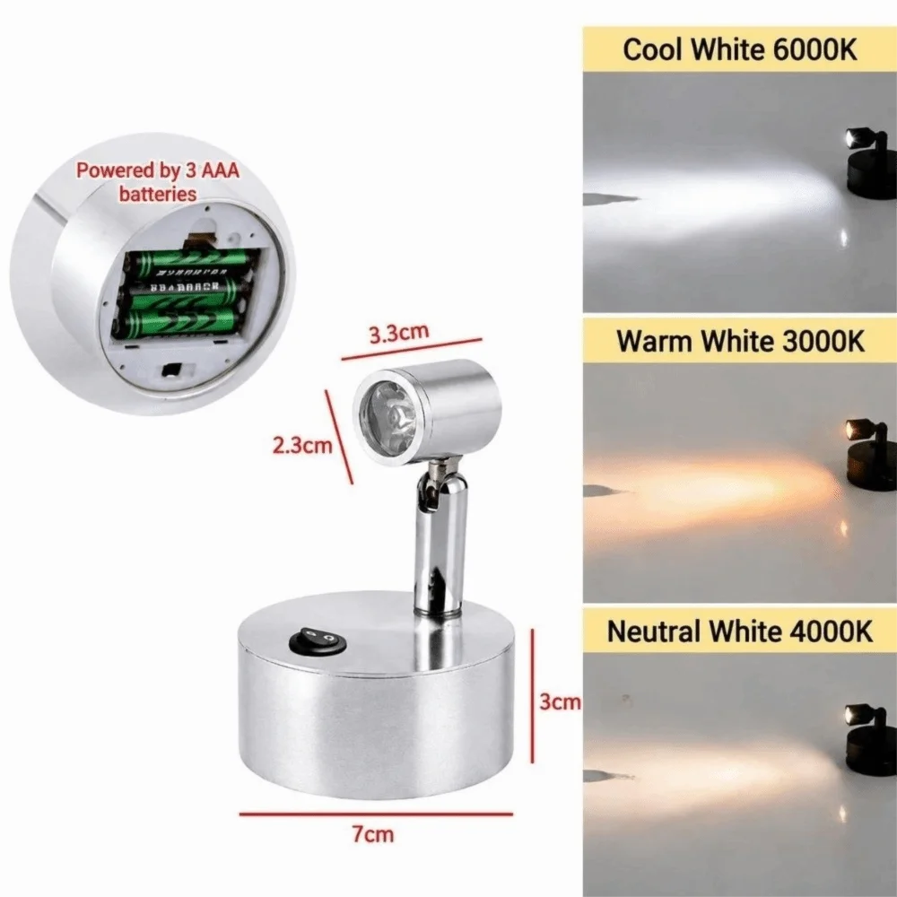 Portable 3W LED Spotlights Battery Powered Small Jewelry Counter Lights Angle Adjustable Display Cabinet Lights Counter Lighting