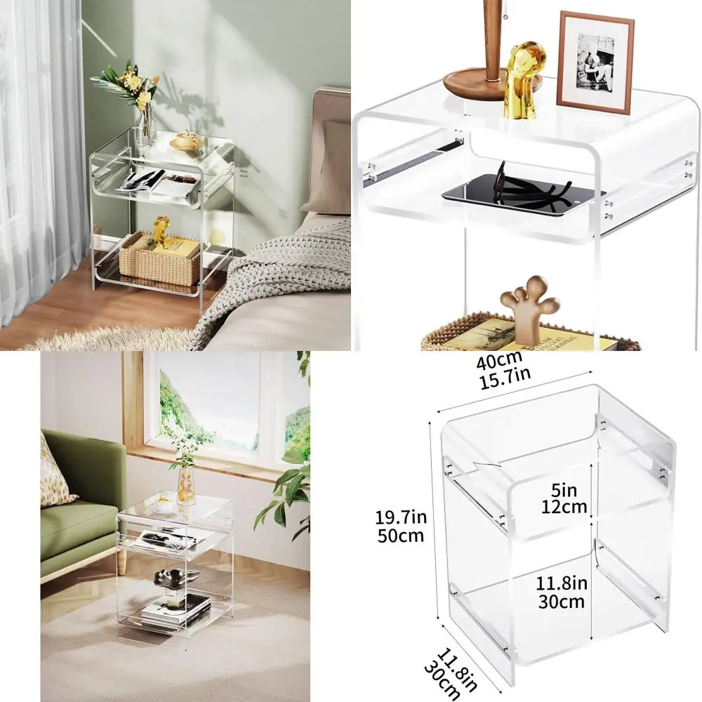 Mesa Lateral de Acrílico Transparente para Toca-discos com Armazenamento, 15,7x19,7x11,8 Polegadas