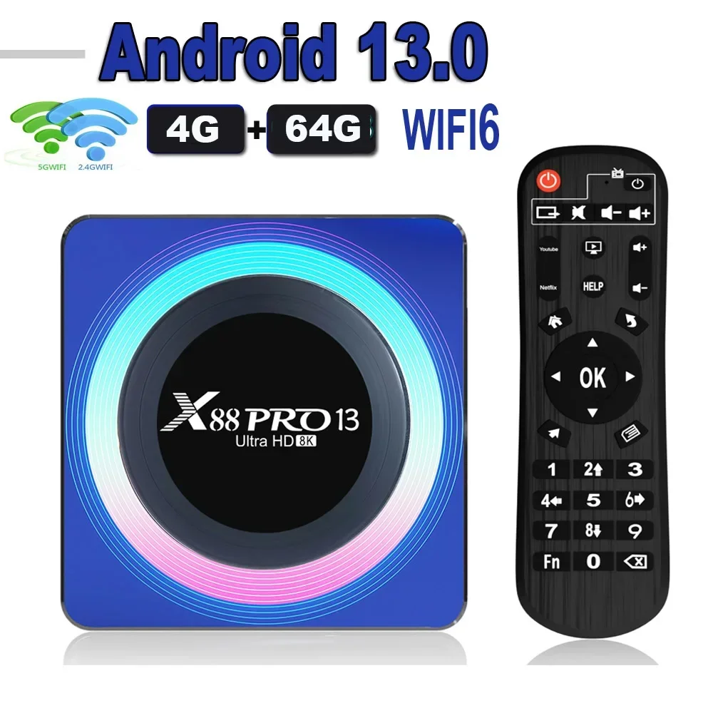 

ТВ-приставка X88 PRO 13 на Android 13.0 с Rockchip RK3528, 4K, Wi-Fi 6 (2.4G/5G), 64 ГБ/32 ГБ/16 ГБ, BT5.0, 8K, глобальный медиаплеер