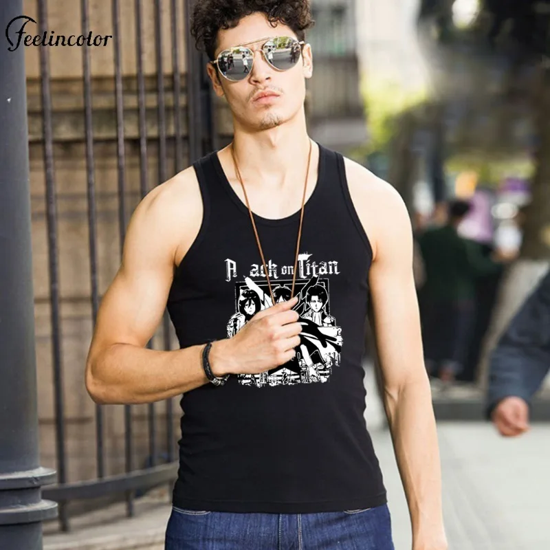 

Titan Print Tank Tops for Men Japanese Anime Graphic Sleeveless T-shirt Summer Plus Size Vest Black O-neck Male Streetwear