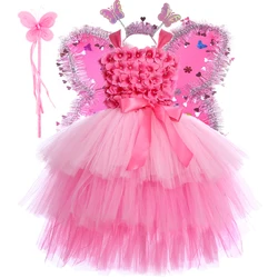 3 Layers Pink Flowers Fairy Costumes Girls Hydrangea Petals Princess Layered Dresses with Butterfly Wings Kids Birthday Outfits