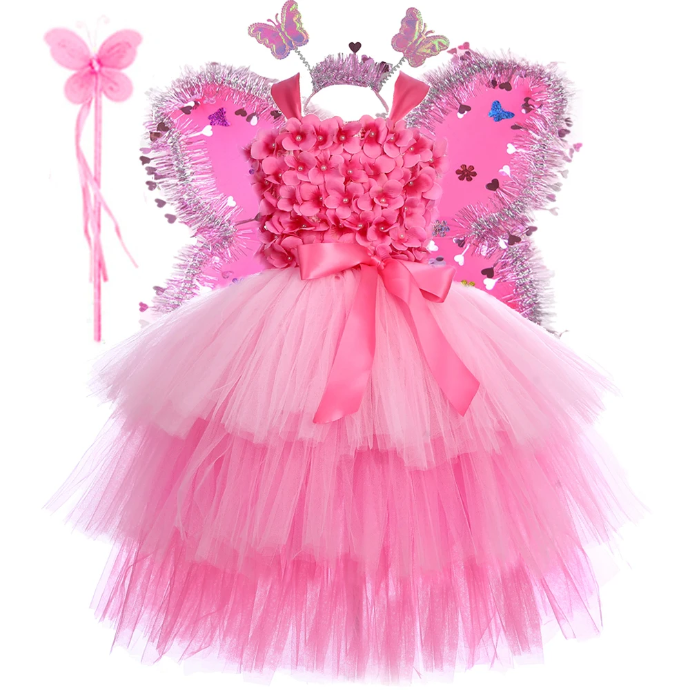 3 Layers Pink Flowers Fairy Costumes Girls Hydrangea Petals Princess Layered Dresses with Butterfly Wings Kids Birthday Outfits