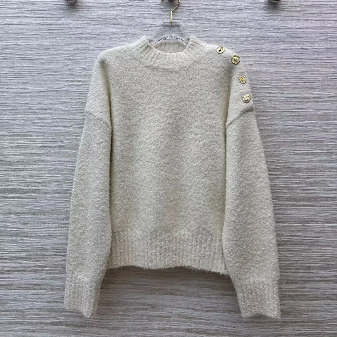 

2025 New Autumn Fluffy Wool Blends Knit Sweater Women O-neck Novelty Buttons Long Sleeve Solid Color Loose Lazy Style Pullover