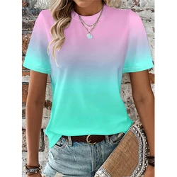 Women's T shirt Color Gradient Yellow Blue Orange Print Short Sleeve Fashion Round Neck Oversized Tshirt Summer Women Clothing