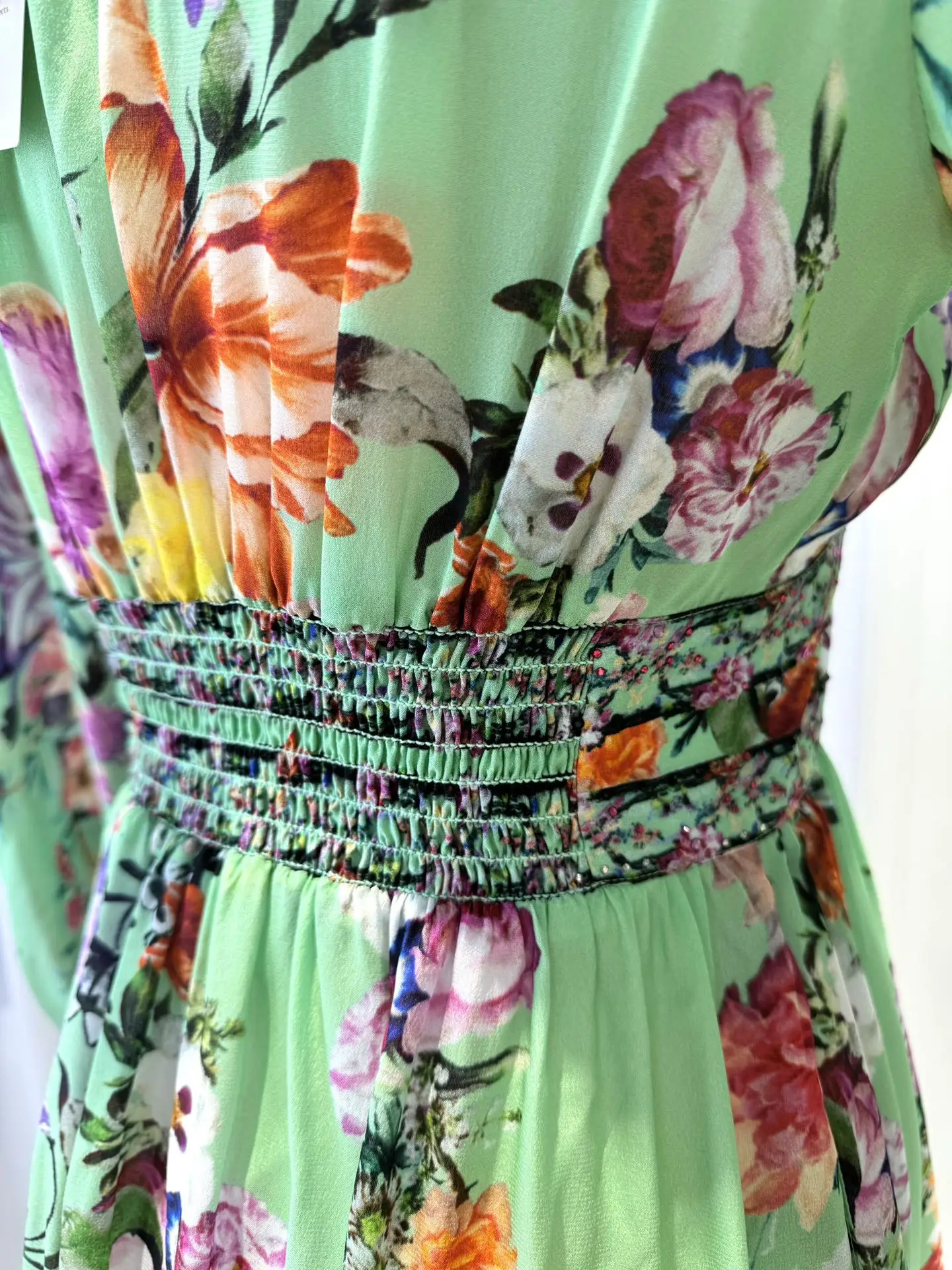 비즈 장식 여성용 100% 실크 미니 드레스 플로럴 프린트 브이넥 긴 소매 탄력 있는 허리 캐주얼 그린 로브