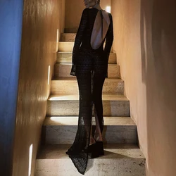 Sexy Perspective High Waist Maxi Dress Elegant O-neck Knitted Hollow Long Dress Women Casual Long Sleeve Solid Slim Party Dress
