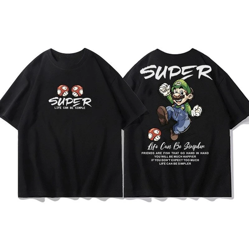 White Tee Men's Women's Nintendo Smash Bros Game Kirby Mario Retro Cool Graphic Art Print Oversized Short Sleeve Streetwear Top