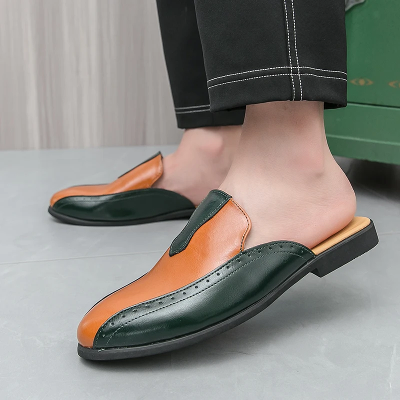 Patchwork Brand Designer Mens Half Drag Shoes For Men Casual Leather Loafers Fashion Half Shoes Mules Man Slides Slippers Male
