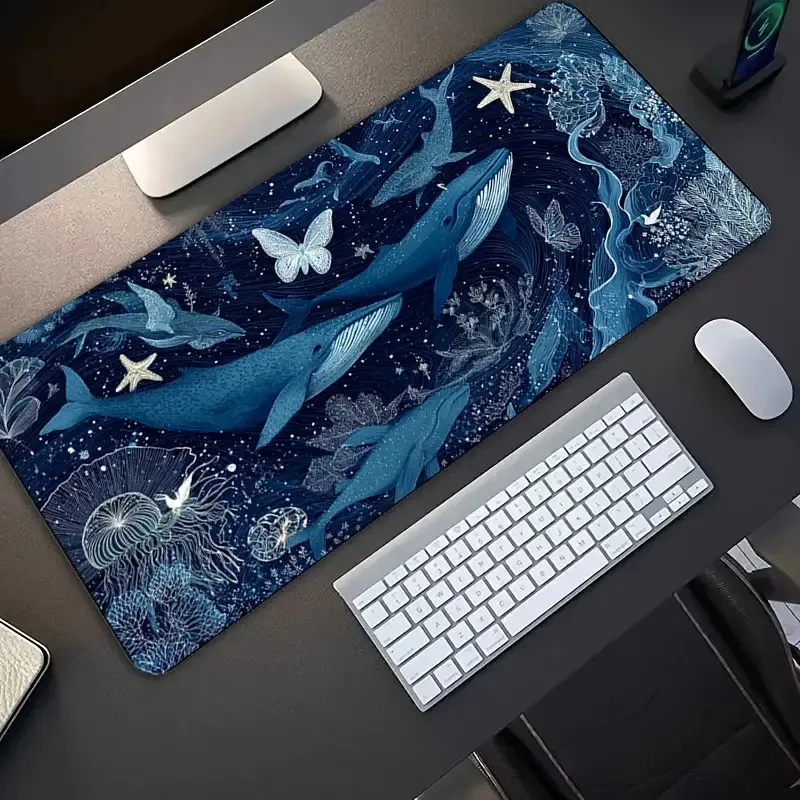 Abyssal Whale Gaming Desk Mat: Deep Blue Marine Life Print with Starfish & Jellyfish, Non-Slip Full Coverage for PC/Gaming Setup