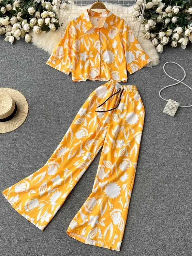 Conjuntos de dos piezas estampados para mujer, camisa de manga corta con cuello tipo Polo, pantalones largos sueltos de pierna recta, trajes informales, trajes florales