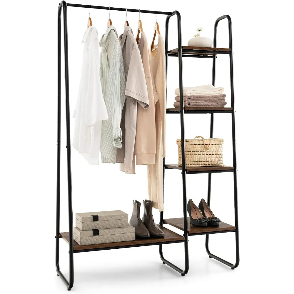 

Garment Rack with Shelves, Clothes Rack with 5 Shelves & Hanging Bar, Open Wardrobe for Hanging Clothes and Storage