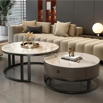 Image Modern Nesting Coffee Table with drawer,round,soild wood tabletop，metal frame,simple Sliding design tea table for Living Room