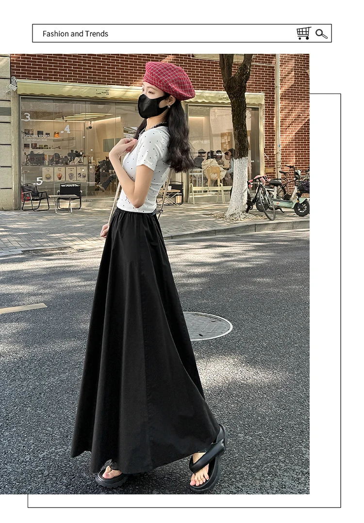 Spring Summer Women Black White Elegant Oversized Long Skirt French Fashion Brown High Waist Vacation Pleated Half Skirt Popular