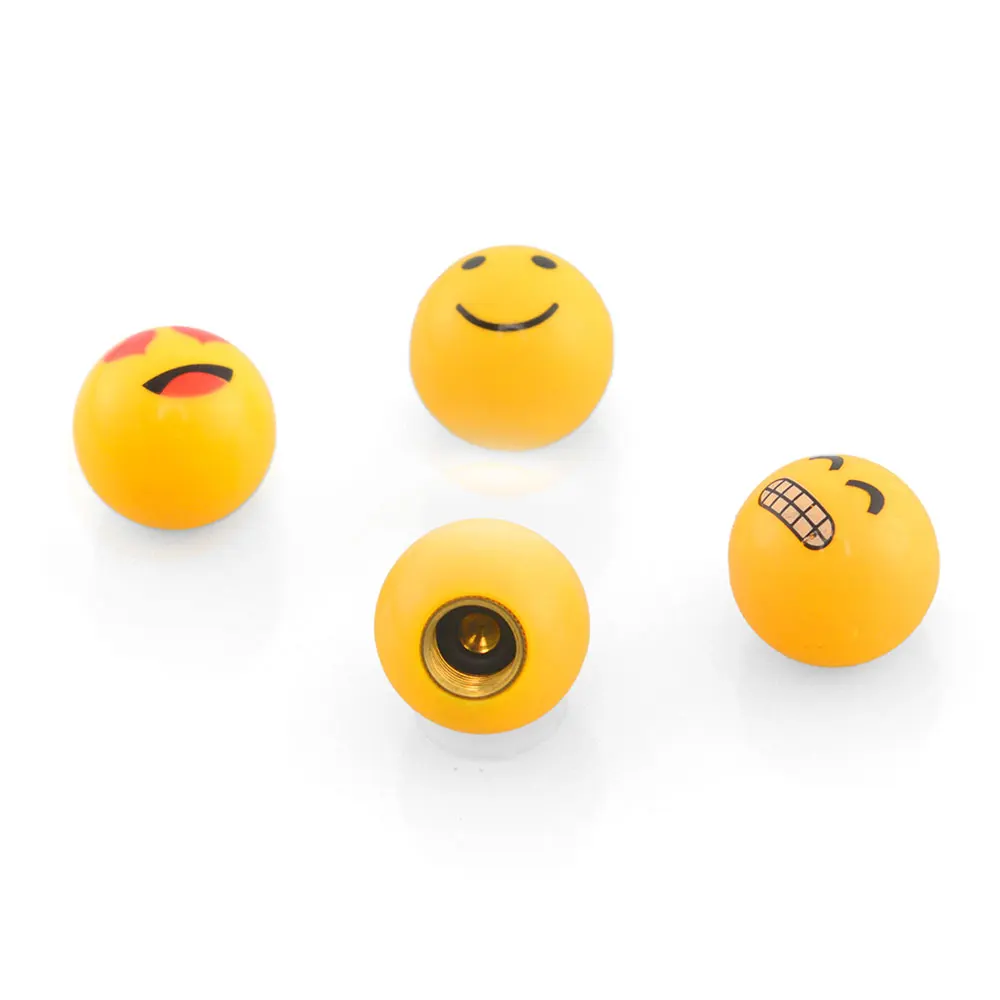 4Pcs Universal Bicycle Motorbike Car Tire Valve Cap Funny Yellow Smile Face Ball Wheel Dust Covers Valve Stem Sphericity Caps