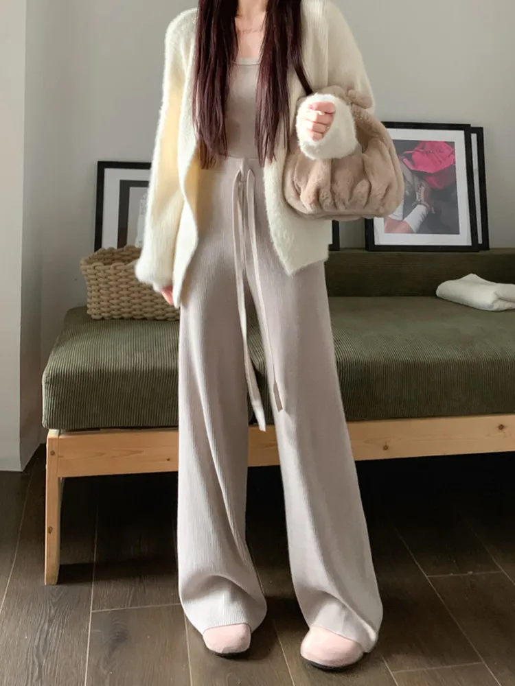 Cor sólida cordão de malha calças casuais para mulheres outono inverno cintura alta longa perna larga preto branco rosa calças soltas