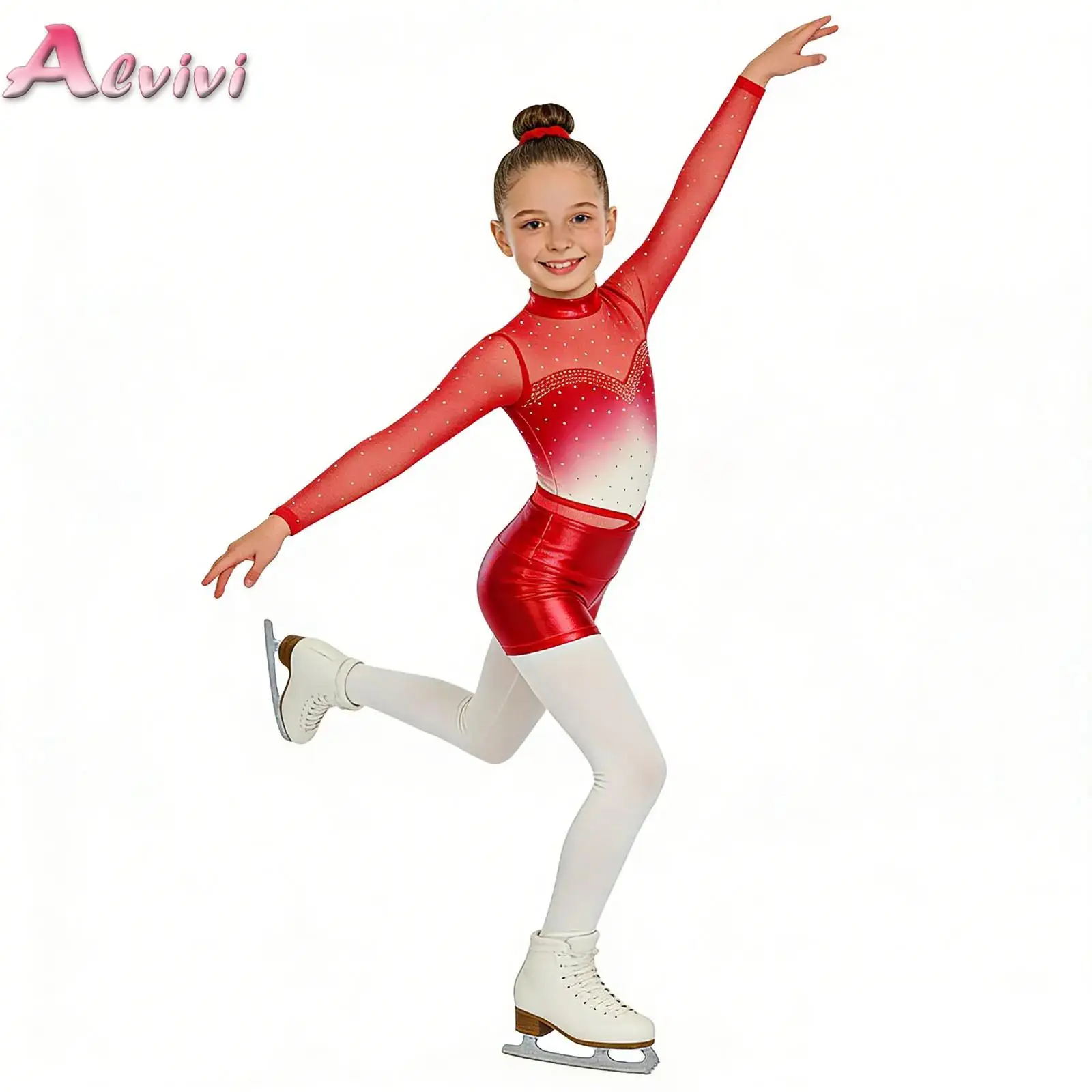 

Kids Girls Sports Suit Long Sleeve Cutout Mesh Gradient Ballet Jersey Dance Leotard with Shorts And Hairband Gymnastics Outfit