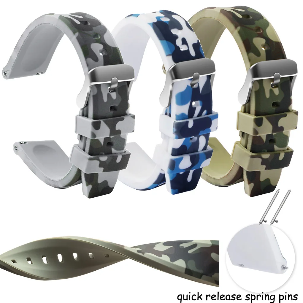 20mm 22mm 24mm Soft Silicone Watch Band Bracelet Camouflage Rubber Watch Strap Quick Release Replacement Wristbands