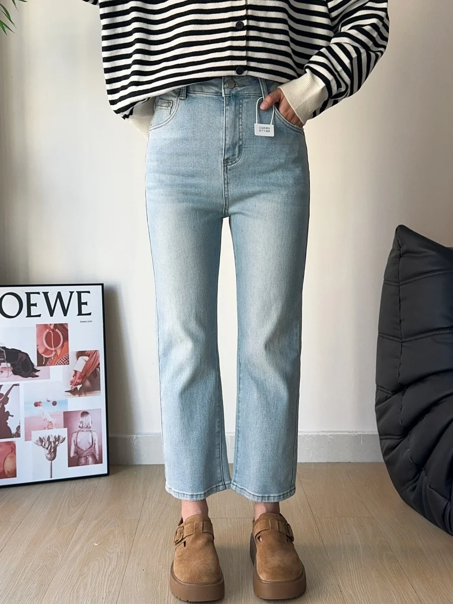 

High Waist Elastic Straight Leg Jeans Women's Spring 2026 Slim Fit Cotton Stretch Denim High Elasticity Breadstick Pants