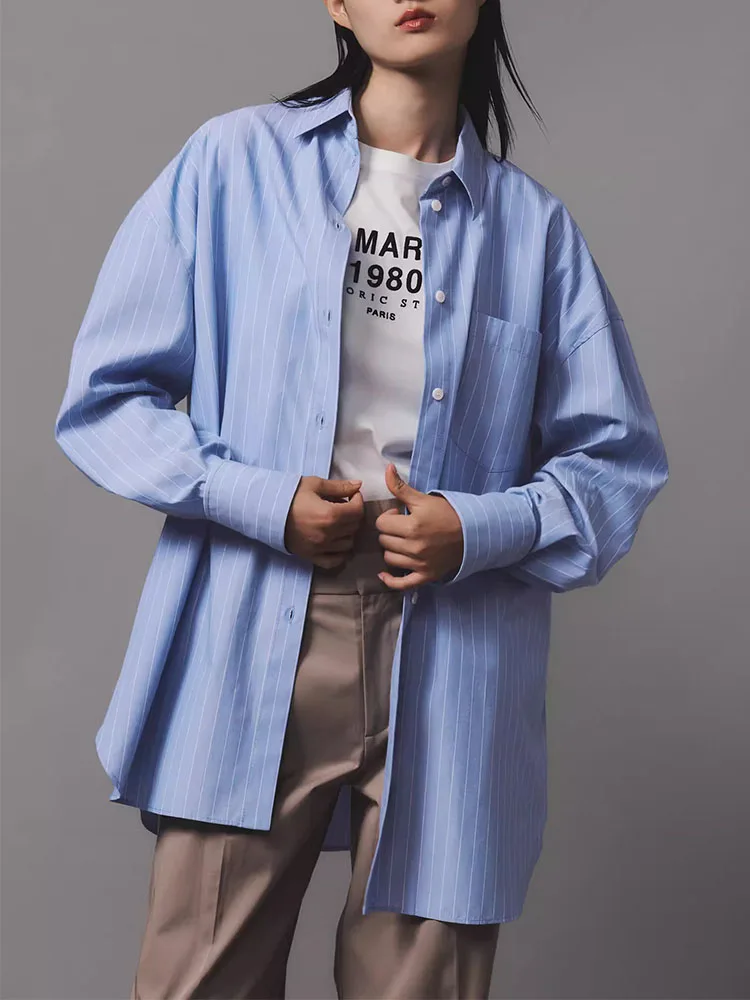 

Blue Striped Pure Cotton Loose Fit irt Versatile Sle Women's Faion Autumn New Arrival Casual Busin Office Ready