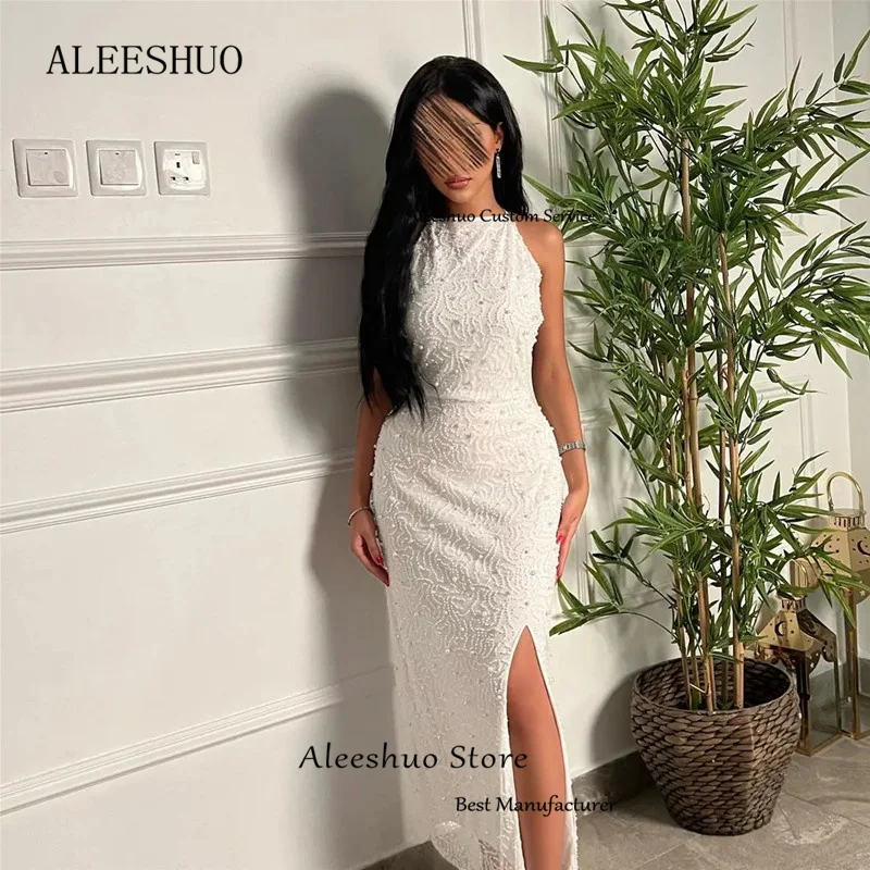 Aleeshuo-サイドスリット付きのセクシーなロングイブニングドレス,マーメイドスタイル,ビーズ,クリスタル,プリーツ,ホルターネックレス,パーティードレス