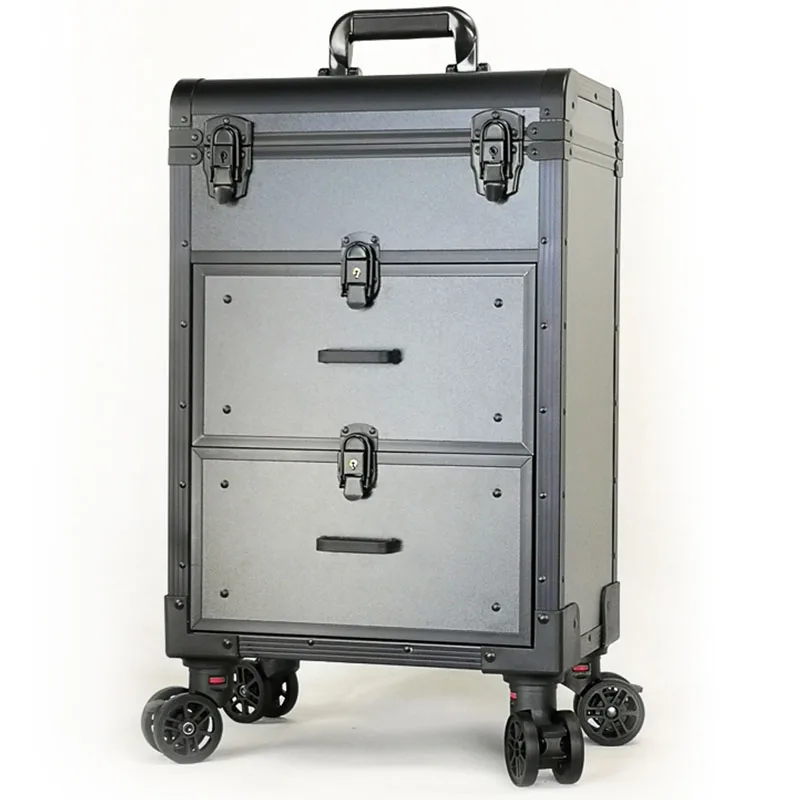 Aluminum Alloy Professional Makeup Box Trolley with Makeup Artist Portable Large-capacity Lock Embroidery Beauty Hair Toolbox