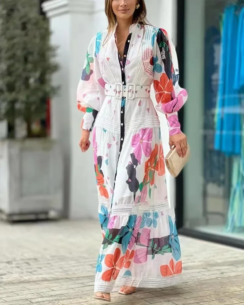 Lente zomer nieuwe vrouwen vestidos mode retro print elegante kant paneel shirt lange jurk vrouwelijke formele jurken