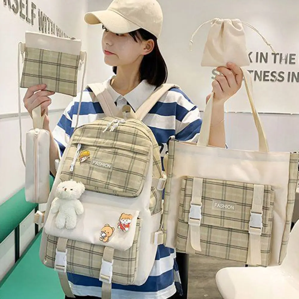 

5Pcs/Set Large Capacity Cute Plaid Backpack Korean Style Adjustable Straps Cartoon Shoulder Bag Commute Durable